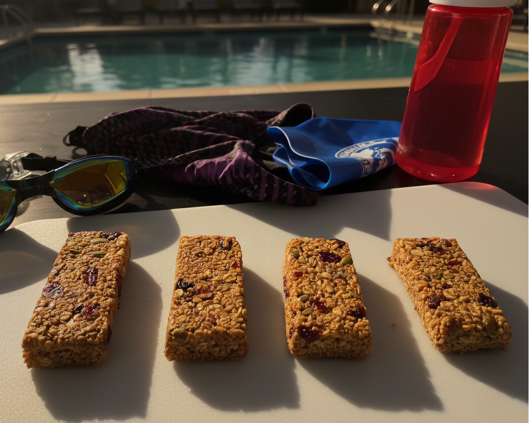 Four oat granola bars on a surface with goggles, swim cap, bathing suit, pool and a red water bottle in the background.